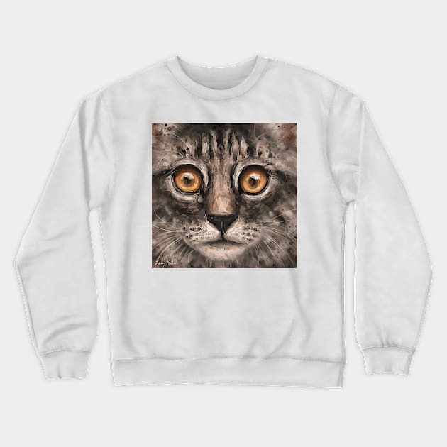 Close Up Painting of a Gray Kitten Face with It's Big Orange Eyes Crewneck Sweatshirt by ibadishi